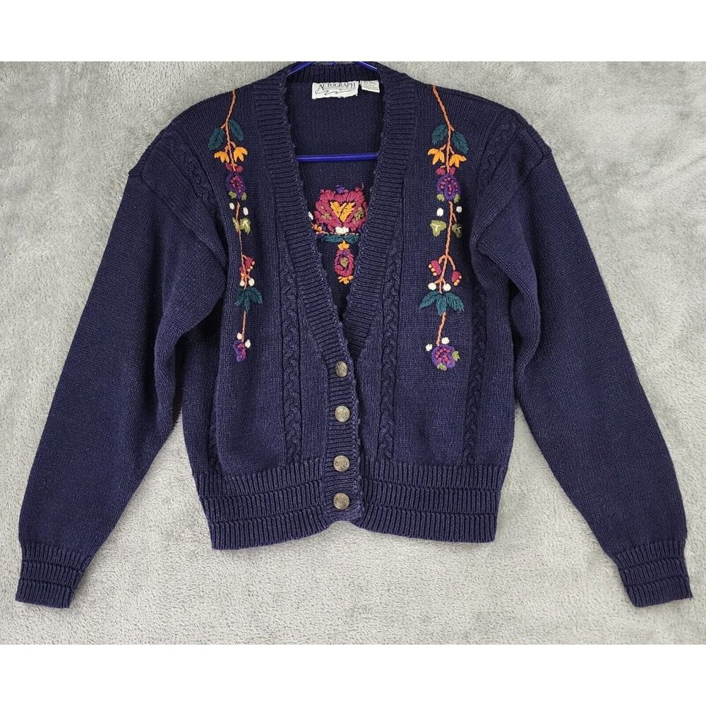 Autograph American Clothing Sweater Womens Medium Blue Floral Button Up Cradigan